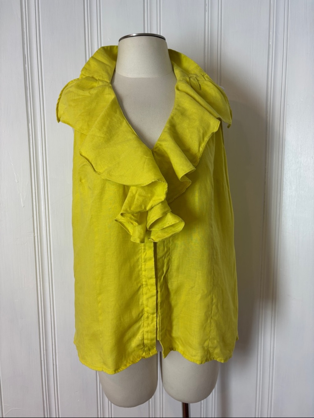 RICHARD MALCOM 100% Linen Bright Yellow Ruffle Sleeveless Blouse - Size XL